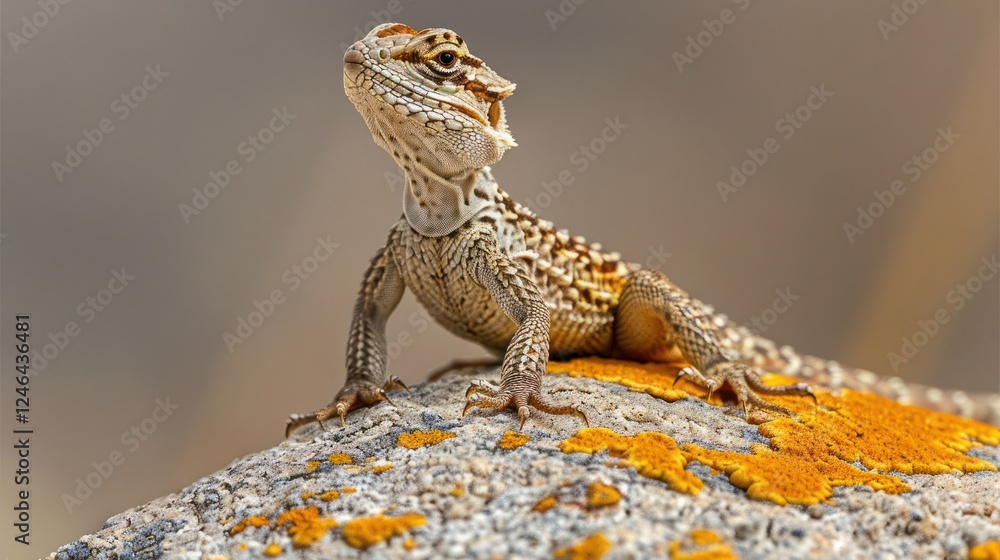 Close-up of a lizard perched on a textured rock with orange lichen in a natural setting Close-up of a lizard perched on a textured rock with orange lichen in a natural setting