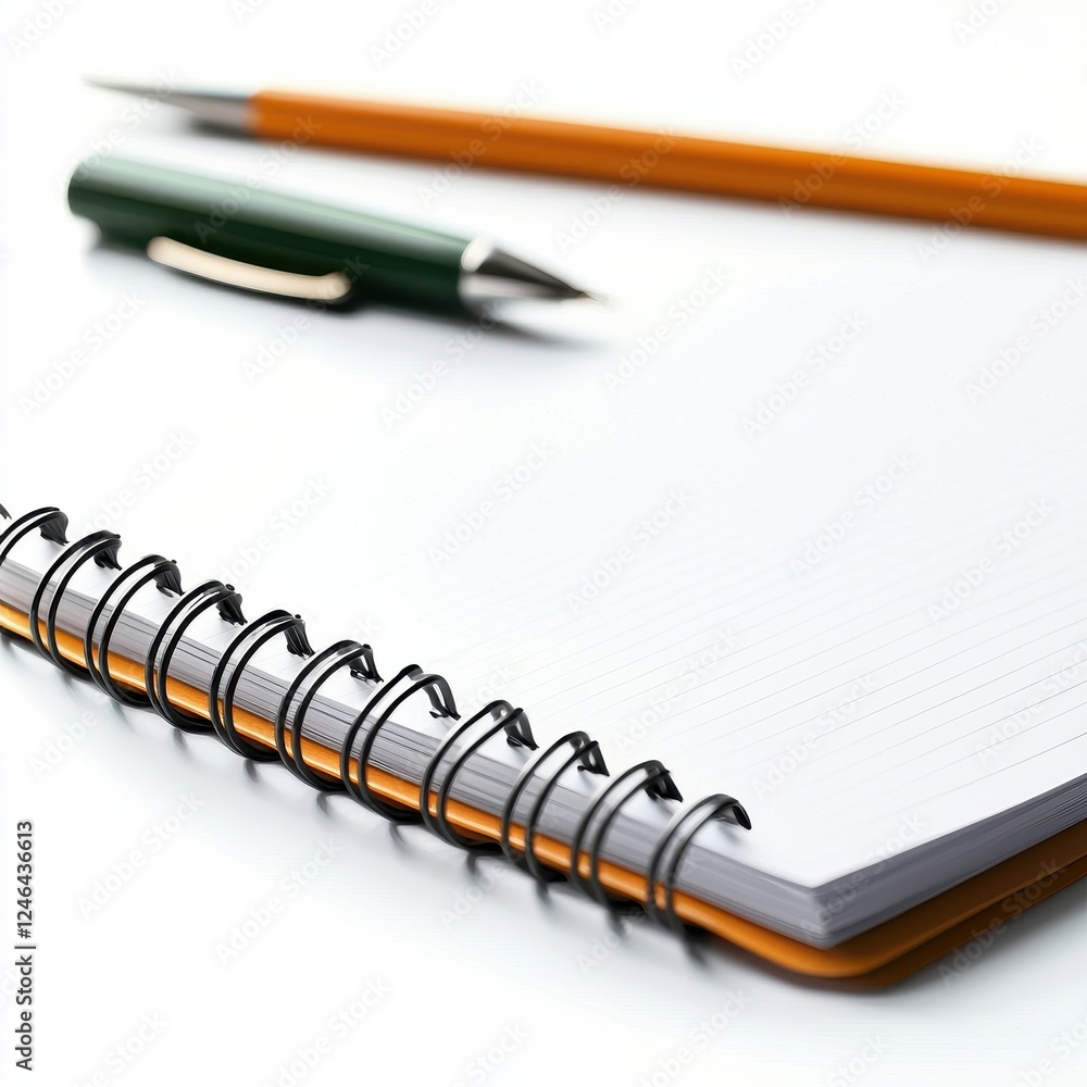 A blank spiral notebook with a pen, ideal for notes, sketches, or brainstorming ideas. A blank spiral notebook with a pen, ideal for notes, sketches, or brainstorming ideas.