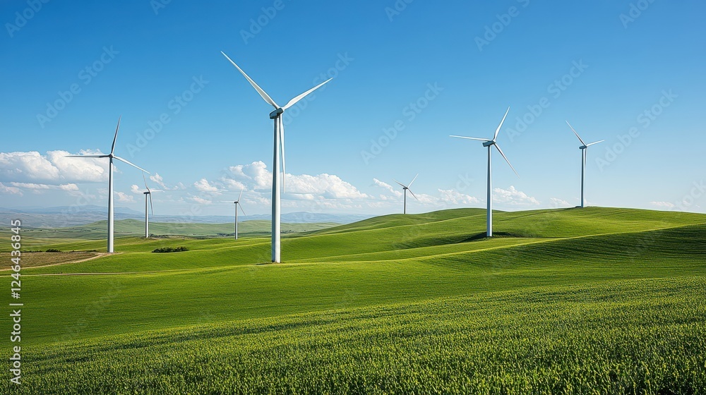 Wind Turbines on Lush Green Hills Under Clear Blue Sky