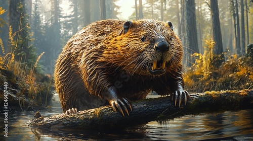 Beaver on Branch: A close-up of a beaver gnawing on a fallen tree branch, showcasing its sharp teeth and powerful jaws. The image captures the animal's  industrious nature in a lush forest setting.   photo