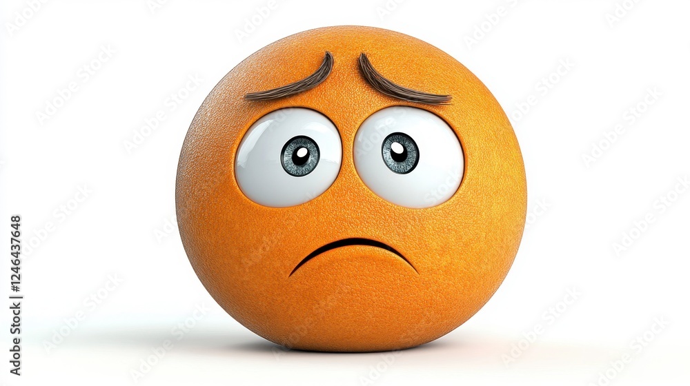 Sad Orange Ball with Big Eyes and Frowning Expression on White Background Sad Orange Ball with Big Eyes and Frowning Expression on White Background