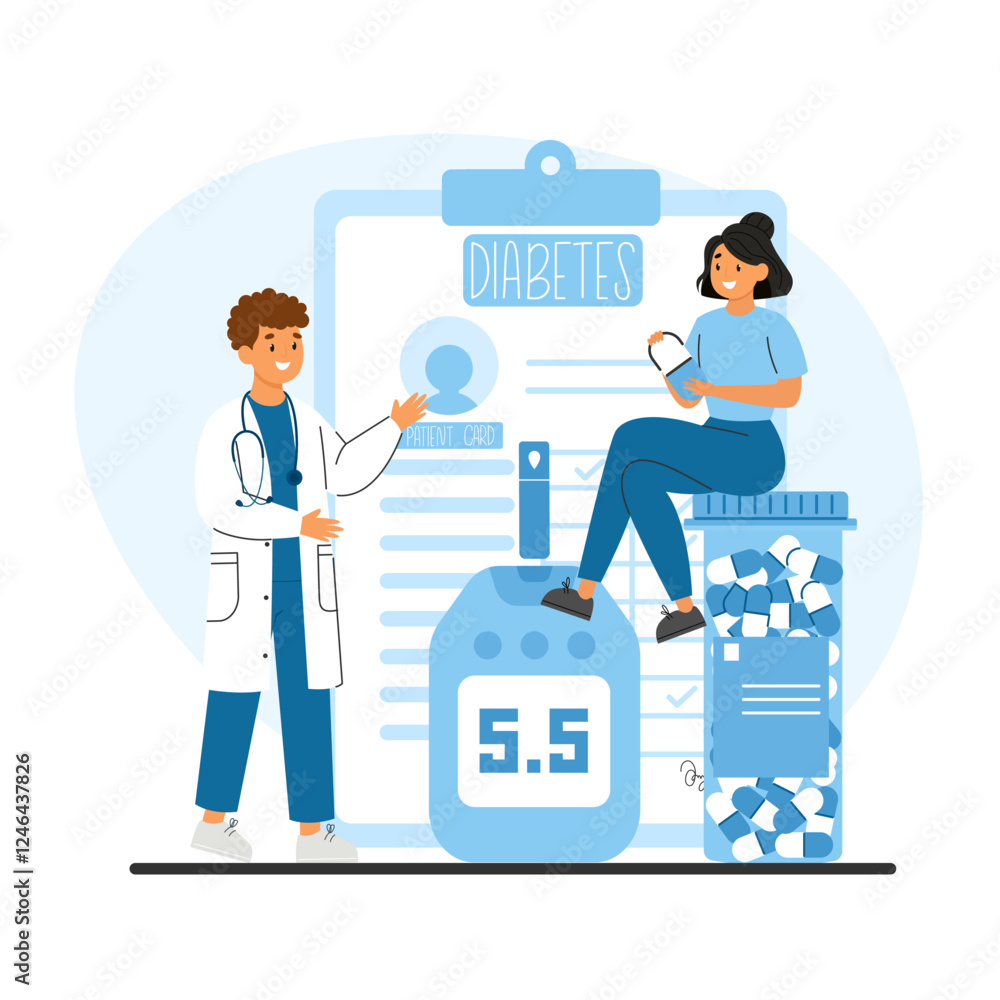 Doctor explaining diabetes monitoring using a glucose meter and pills with a patient holding medicine Doctor explaining diabetes monitoring using a glucose meter and pills with a patient holding medicine