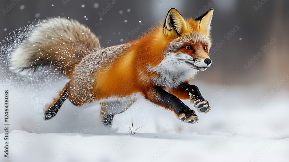 Fototapeta premium Red Fox Leaping in Winter: A vibrant red fox leaps with energy through a snowy landscape, its bushy tail trailing behind as it navigates a world of glistening white.