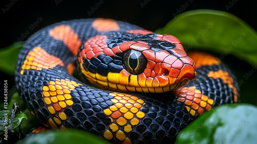 Red-Banded Snake Close-Up: A vibrant red-banded snake with striking black and orange scales curls up amidst lush green foliage, showcasing its intricate patterns and mesmerizing gaze. Red-Banded Snake Close-Up: A vibrant red-banded snake with striking black and orange scales curls up amidst lush green foliage, showcasing its intricate patterns and mesmerizing gaze.