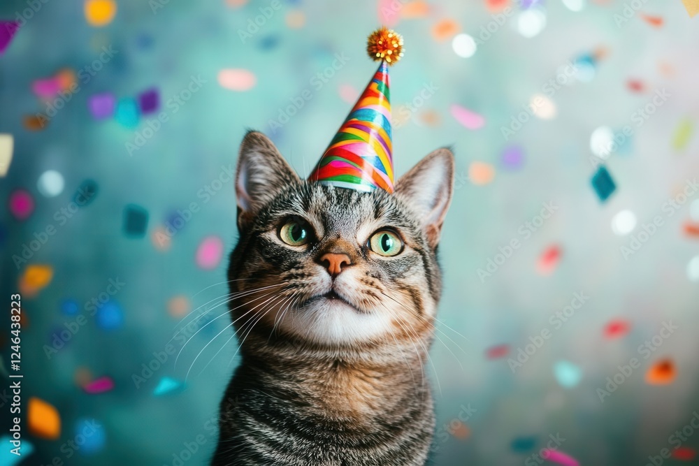 joyful cat portrait with party hat and confetti, vibrant colors and playful expression capturing whimsical celebration mood joyful cat portrait with party hat and confetti, vibrant colors and playful expression capturing whimsical celebration mood