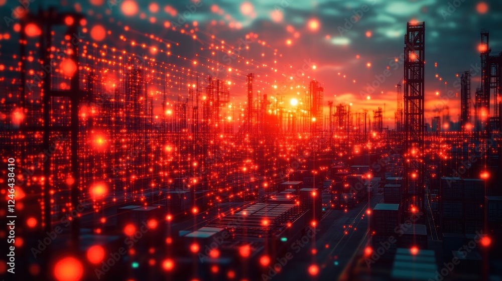 Fototapeta premium Red glowing particles over industrial sunset.