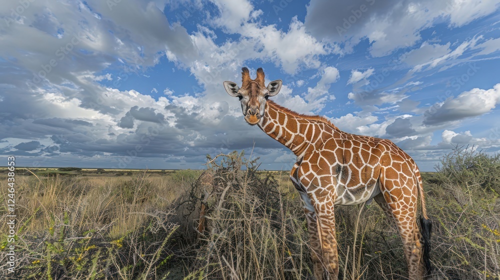 Obraz premium Majestic giraffe standing in a vast savanna under a dramatic sky, showcasing nature's beauty