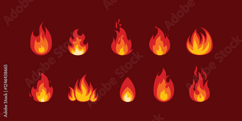 Cartoon campfire. Fire flames, bright fireball, heat wildfire and red hot bonfire, campfire, red fiery flames isolated vector illustration set. Animated form and square, fireball and flame