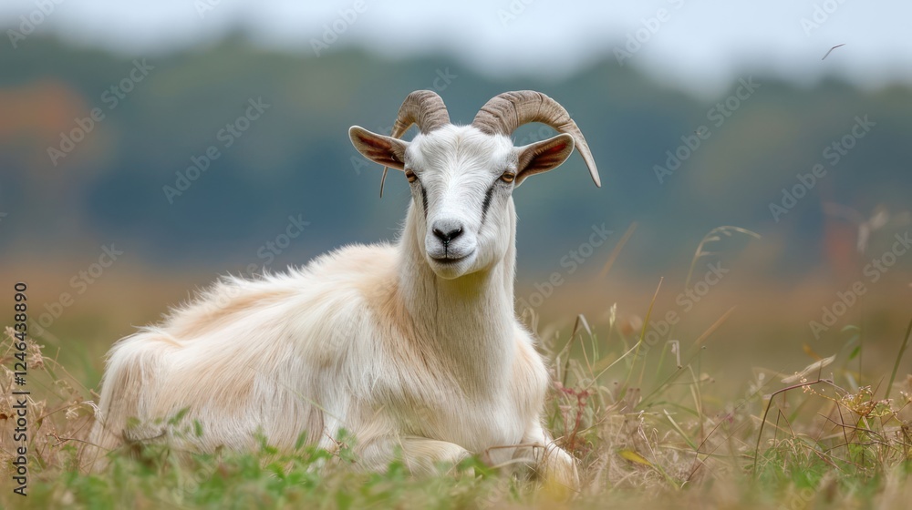 Fototapeta premium A serene white goat resting in a lush green field with blurred trees in the background
