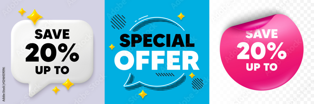 Discount speech bubble. 3d sparkles chat, Paper sticker. Save up to 20 percent tag. Discount Sale offer price sign. Special offer symbol. Special offer bubble. Halftone dots pattern. Vector Discount speech bubble. 3d sparkles chat, Paper sticker. Save up to 20 percent tag. Discount Sale offer price sign. Special offer symbol. Special offer bubble. Halftone dots pattern. Vector