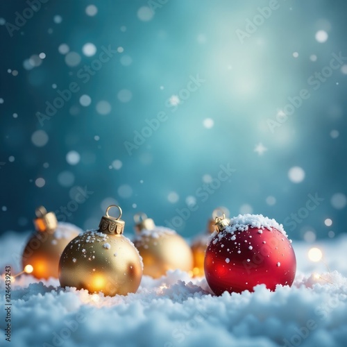 Frosty winter scene with twinkling golden ornaments amidst a backdrop of snowflakes, snowy, frosty, christmas