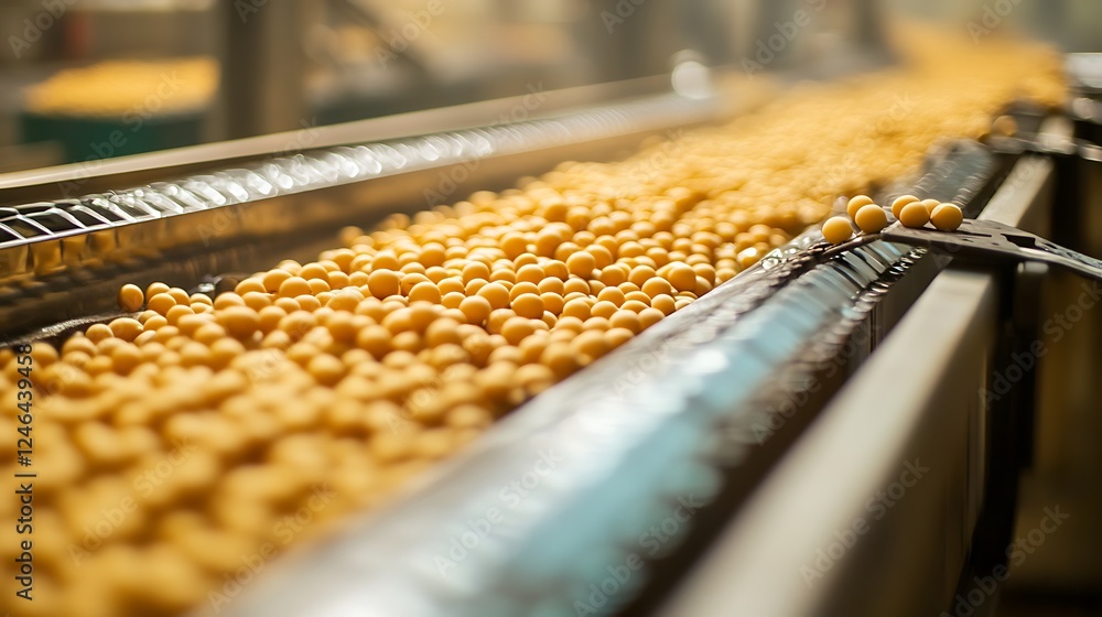 Soybean move along a conveyor belt in a food processing plant industry Soybean move along a conveyor belt in a food processing plant industry