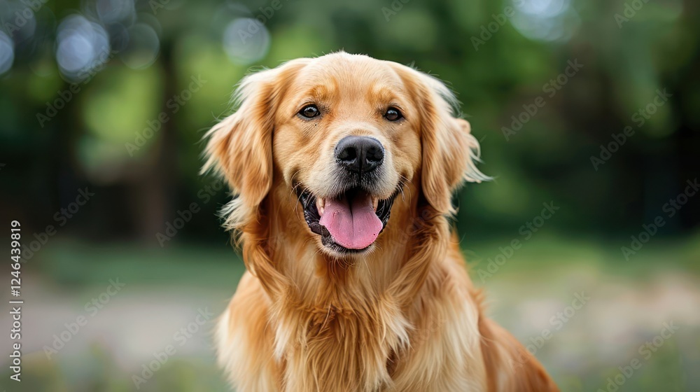 Happy golden retriever dog posing outdoors with a blurred green background and flowers Happy golden retriever dog posing outdoors with a blurred green background and flowers