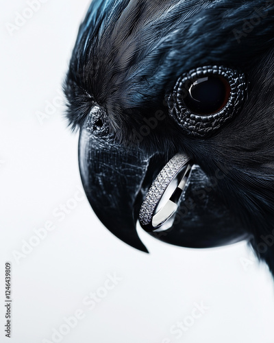 Extreme close-up of black parrot with female engagement diamonds ring on its beak. Jewelry advertising with copy space