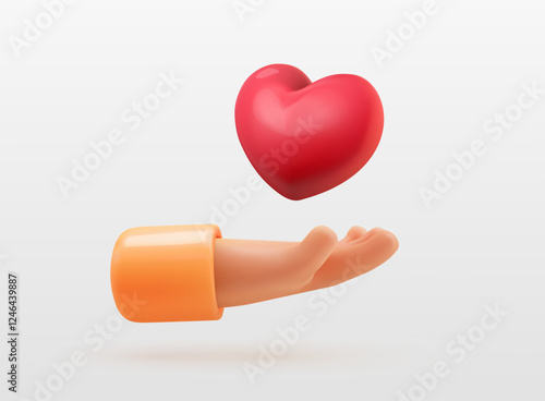 3d cartoon heart in hand, symbol of love, care, and generosity. Valentines Day, charity, volunteer campaigns, social awareness, and emotional connection vector illustration. Isolated design elements