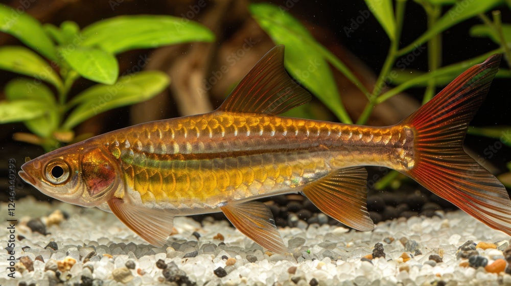 Colorful fish swimming gracefully in a planted aquarium with pebbles and greenery in the background Colorful fish swimming gracefully in a planted aquarium with pebbles and greenery in the background