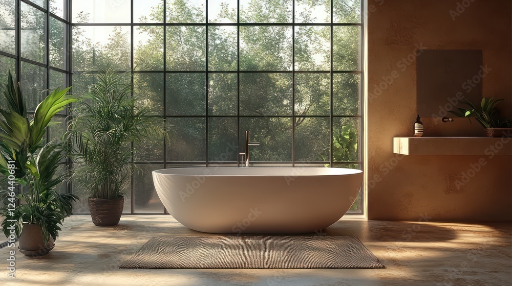 Fototapeta premium Serene Modern Bathroom with Lush Greenery and Sunlight