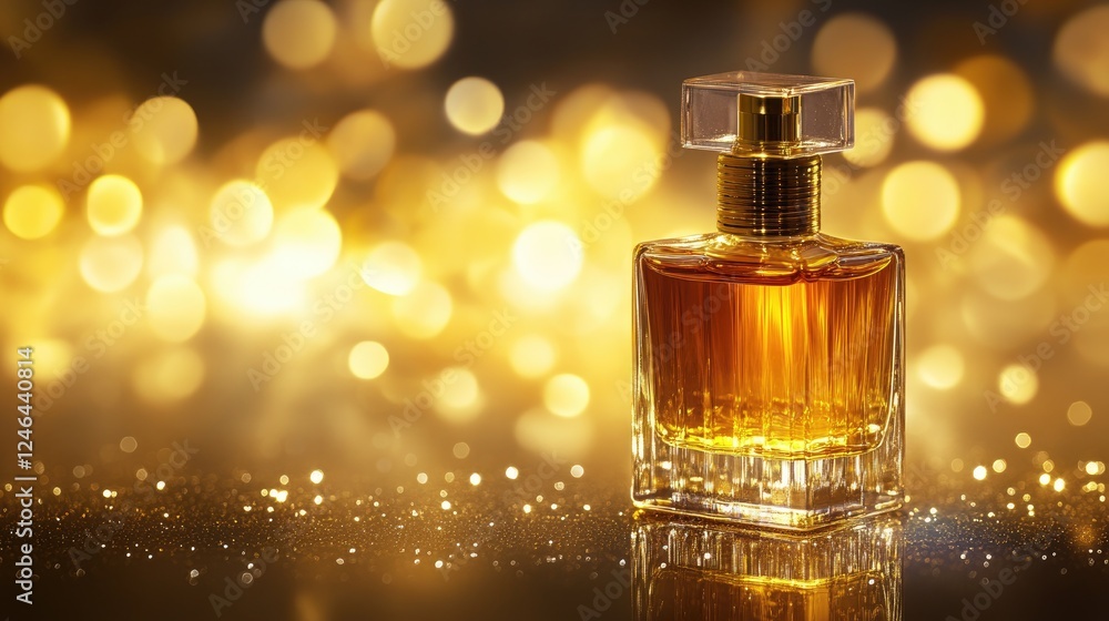 High-end perfume bottle with golden accents and a soft glowing background. High-end perfume bottle with golden accents and a soft glowing background.