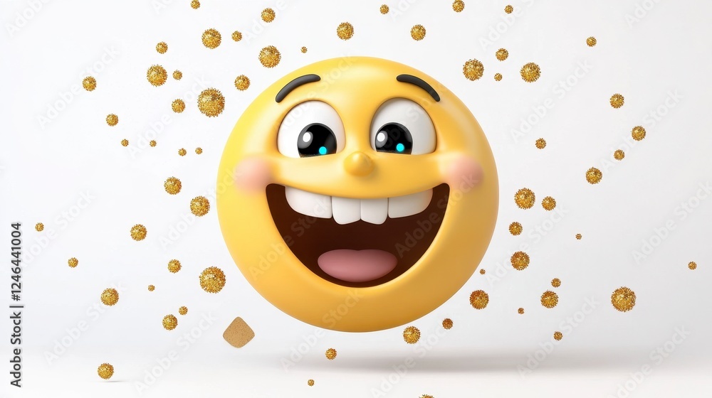 Naklejka premium Cheerful 3D cartoon smiley face with sparkling golden confetti