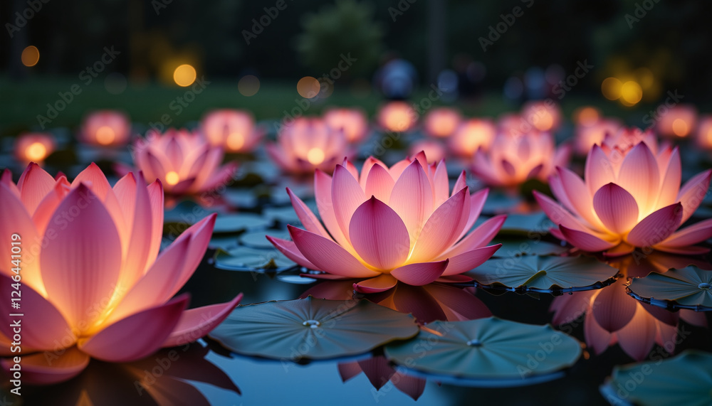 Colorful lotus flower lanterns illuminating serene pond at night, tranquility Colorful lotus flower lanterns illuminating serene pond at night, tranquility