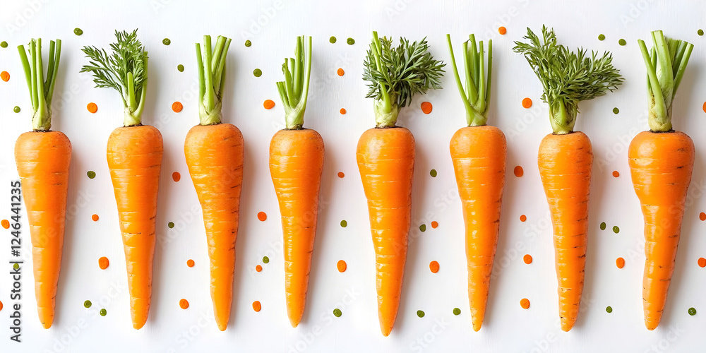 Εκτύπωση καμβά Fresh carrots with green tops arranged in a neat row on a white background with