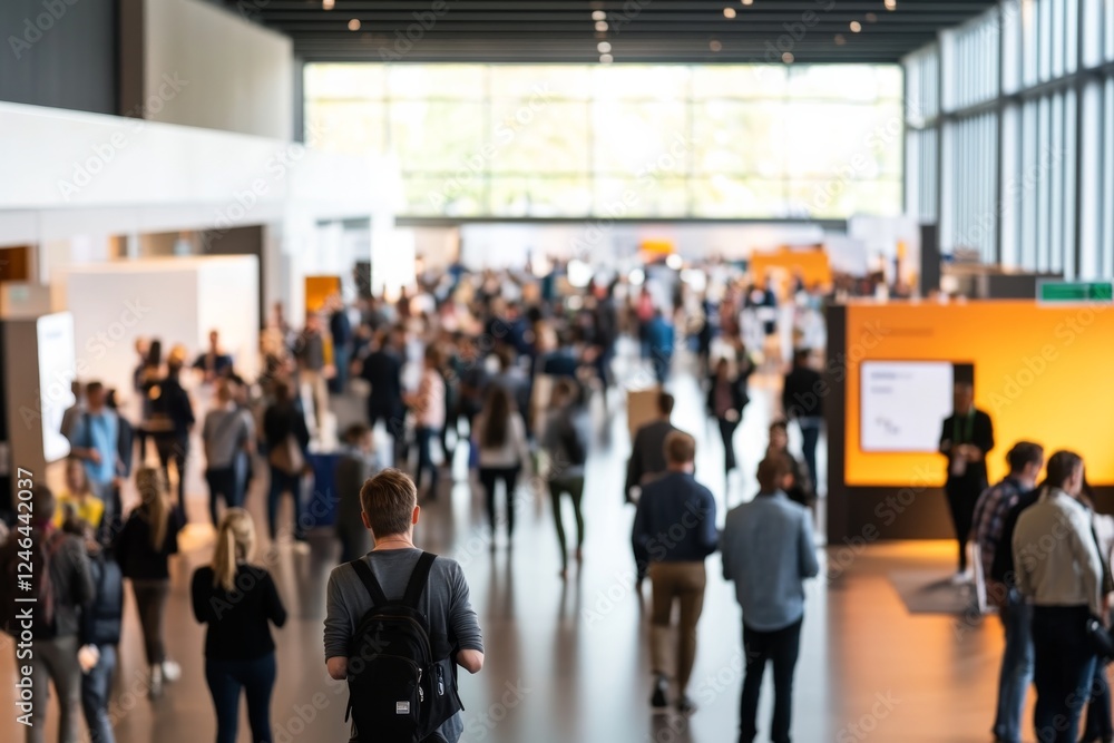 Attendees walk through a bustling convention hall, engaging with various booths and exhibits, while the atmosphere buzzes with activity and excitement Attendees walk through a bustling convention hall, engaging with various booths and exhibits, while the atmosphere buzzes with activity and excitement