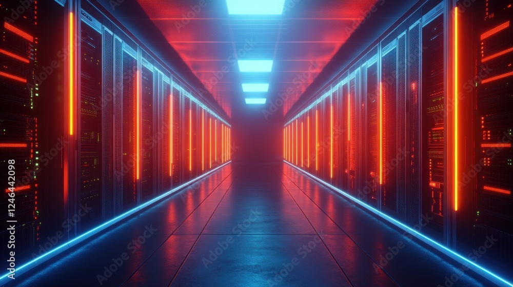 Futuristic Data Center Corridor with Neon Lights and Server Racks Futuristic Data Center Corridor with Neon Lights and Server Racks
