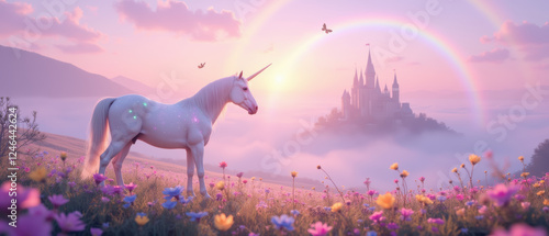 majestic unicorn stands in vibrant flower field, with castle and rainbow in background, creating magical atmosphere