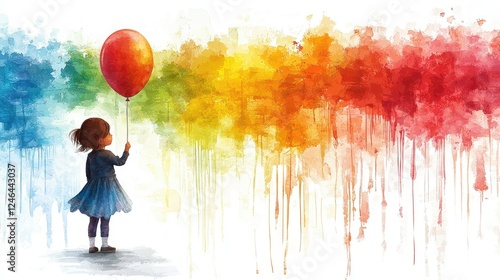 Little Girl Holding Red Balloon Against Rainbow Backdrop photo