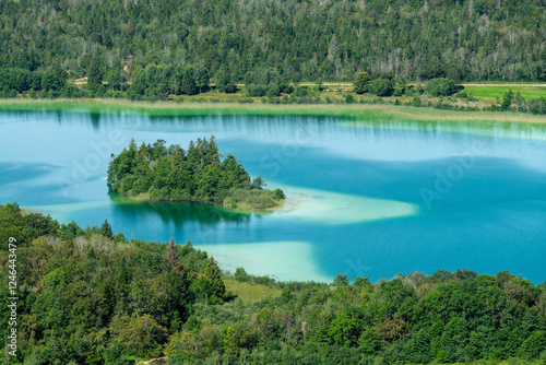 Lake in the Jura, scenic jurassic landscape view from Belvedere des Quatres Lacs (Four lakes viewpoint), France
