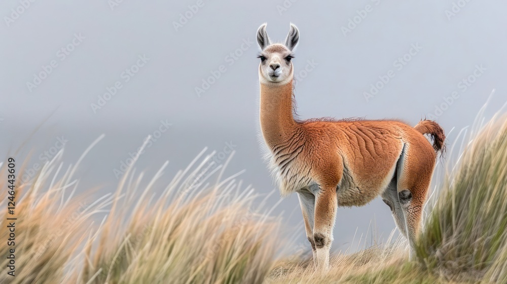 Fototapeta premium A graceful llama stands on a grassy hilltop, overlooking a serene landscape with soft clouds