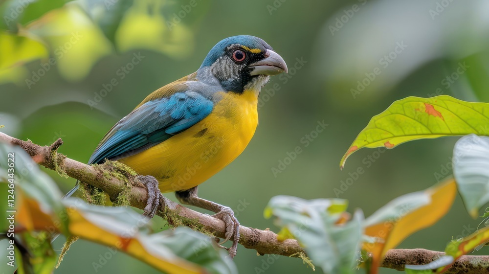 Fototapeta premium Vibrant bird perched on a branch surrounded by lush foliage in a tropical forest setting