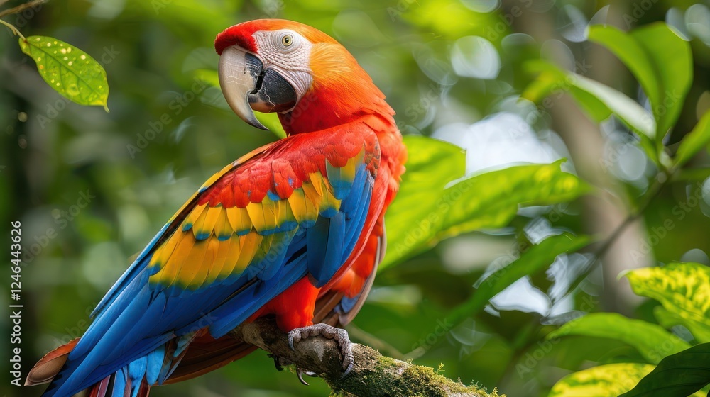 Vibrant Scarlet Macaw perched on a branch amidst lush green foliage in a tropical rainforest Vibrant Scarlet Macaw perched on a branch amidst lush green foliage in a tropical rainforest
