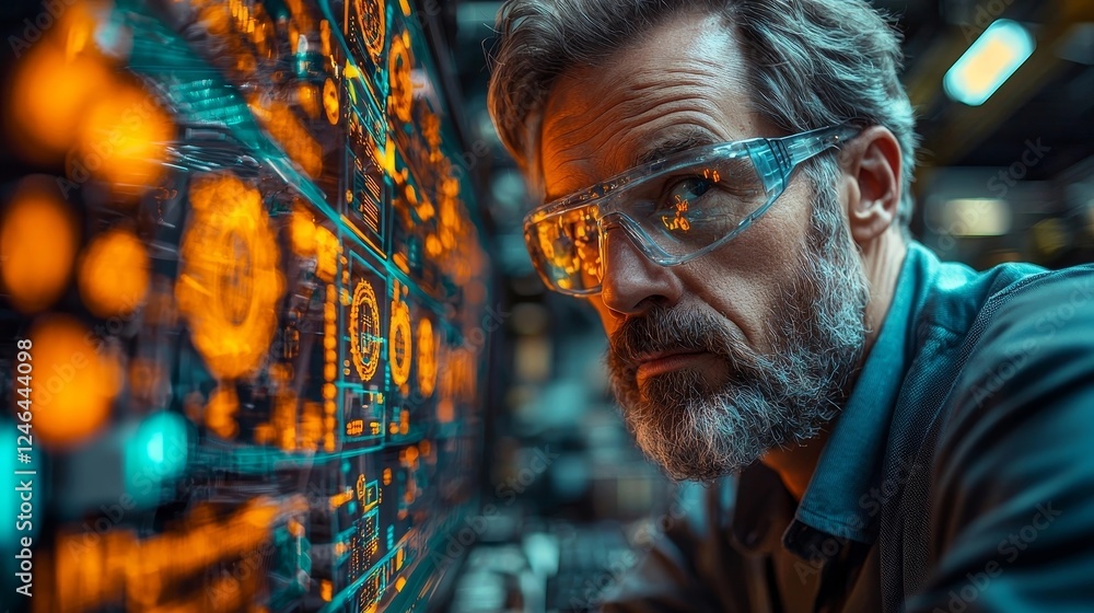 Futuristic Engineer Surrounded by Glowing Holograms in High Tech Lab Workspace Futuristic Engineer Surrounded by Glowing Holograms in High Tech Lab Workspace