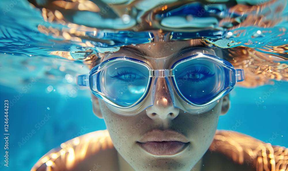 Naklejka premium Close-up of a person wearing swimming goggles underwater...