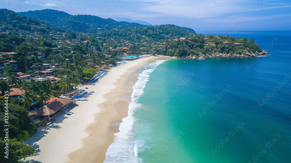 Fototapeta premium Aerial view, summer vacation, travel, tourism, white sand tropical beach, turquoise water