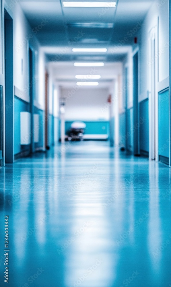 Blurred hospital corridor with distant gurney, sterile environment, potential medical use