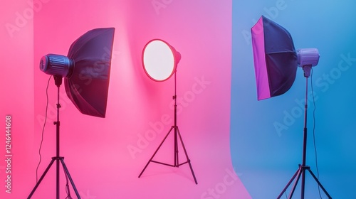 Photography studio setup with pink and blue lights and softbox equipment