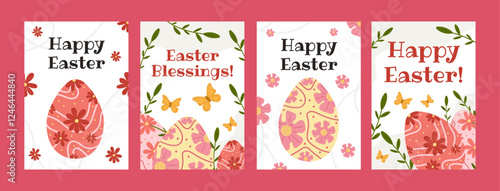 Holy Easter greeting card set with decorative eggs, spring flowers, and butterflies. Cute set illustrations in Easter symbols style with red, yellow, green color. For postcards, social media banners.