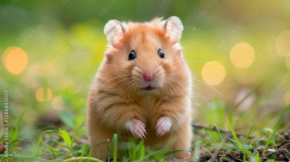 A curious golden hamster standing on grass with a soft bokeh background during sunset A curious golden hamster standing on grass with a soft bokeh background during sunset
