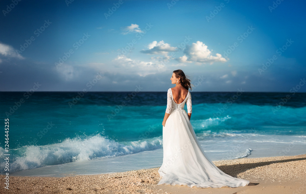砂浜に立って青い海を見ている白いウエディングドレスを着た女性(A woman in a white wedding dress standing on the sandy beach and looking at the blue sea)
砂浜に立って青い海を見ている白いウエディングドレスを着た女性(A woman in a white wedding dress standing on the sandy beach and looking at the blue sea)