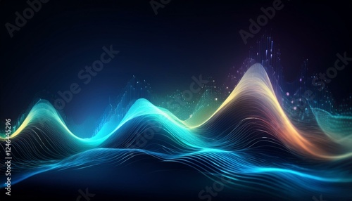 Futuristic sound wave concept design particles glowing waves background; abstract multicolored holographic vibrant wallpaper