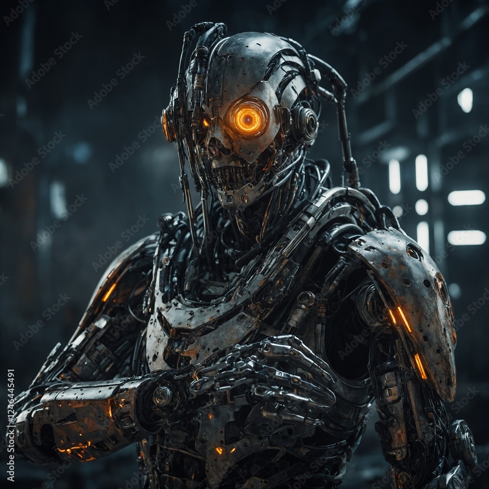 Fototapeta premium A post-apocalyptic cybernetic warrior with a robotic arm and a glowing cyber eye.