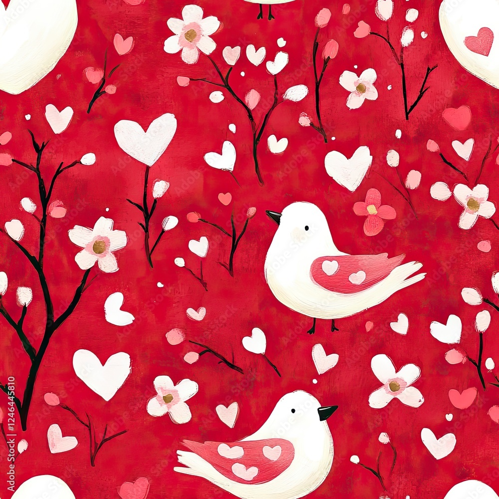 Obraz premium Hand-Drawn White Dragons and Pink Hearts on Red Background in Artistic Style