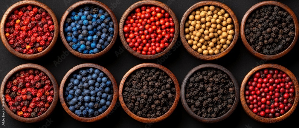 A grid of bowls filled with various fruits and spices. A grid of bowls filled with various fruits and spices.