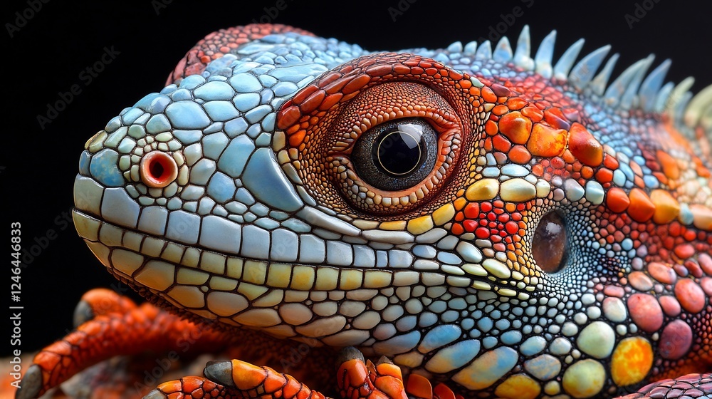Fototapeta premium Vibrant Rainbow Iguana Portrait: A Close-Up of Nature's Masterpiece