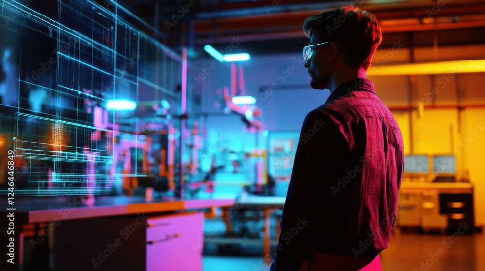 Engineers optimizing energy-efficient smart lighting in an industrial workspace. Engineers optimizing energy-efficient smart lighting in an industrial workspace.