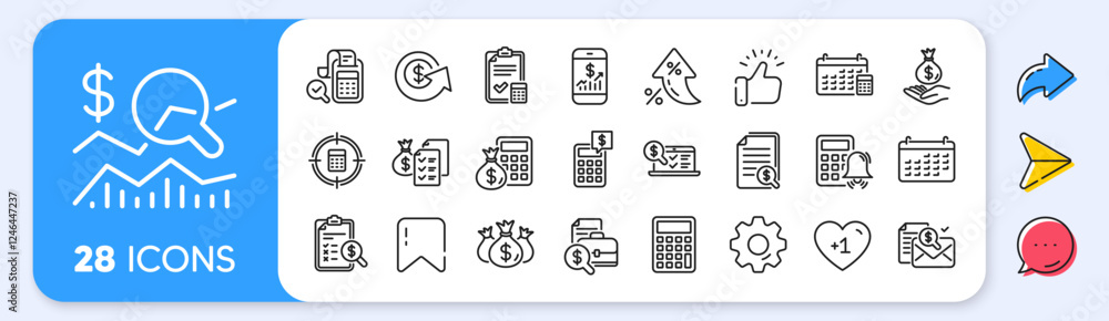 Accounting line icons. Interest rate, AI generate, Inflation icons. Set of Calculator, Check investment and Report icons. Calendar, Banking account and Finance accounting report document. Vector Accounting line icons. Interest rate, AI generate, Inflation icons. Set of Calculator, Check investment and Report icons. Calendar, Banking account and Finance accounting report document. Vector