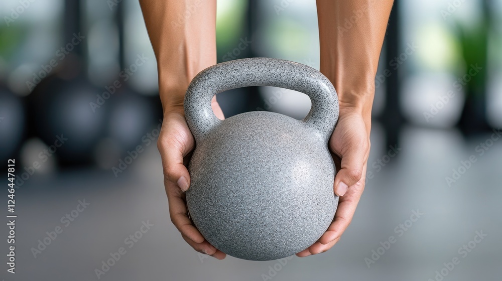 Naklejka premium Hands firmly holding a kettlebell showcase dedication to strength training on a gym floor, highlighting fitness commitment.
