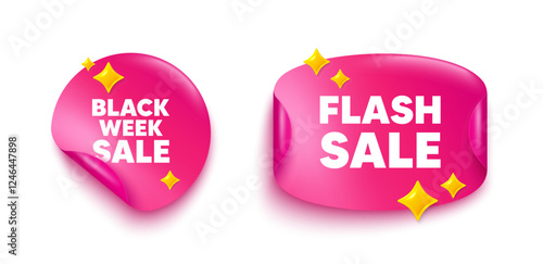 Black week sticker tag. Flash offer paper price banner. Black week sale. Special discount sign. Black friday offer symbol. Discount sticker with 3d glitter. Vector